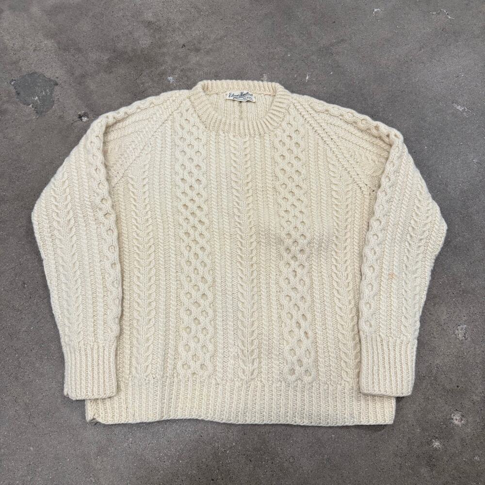 Vintage 80s Eileen's Handknits Cable Knit Wool Chunky Sweater Cream Pullover Med